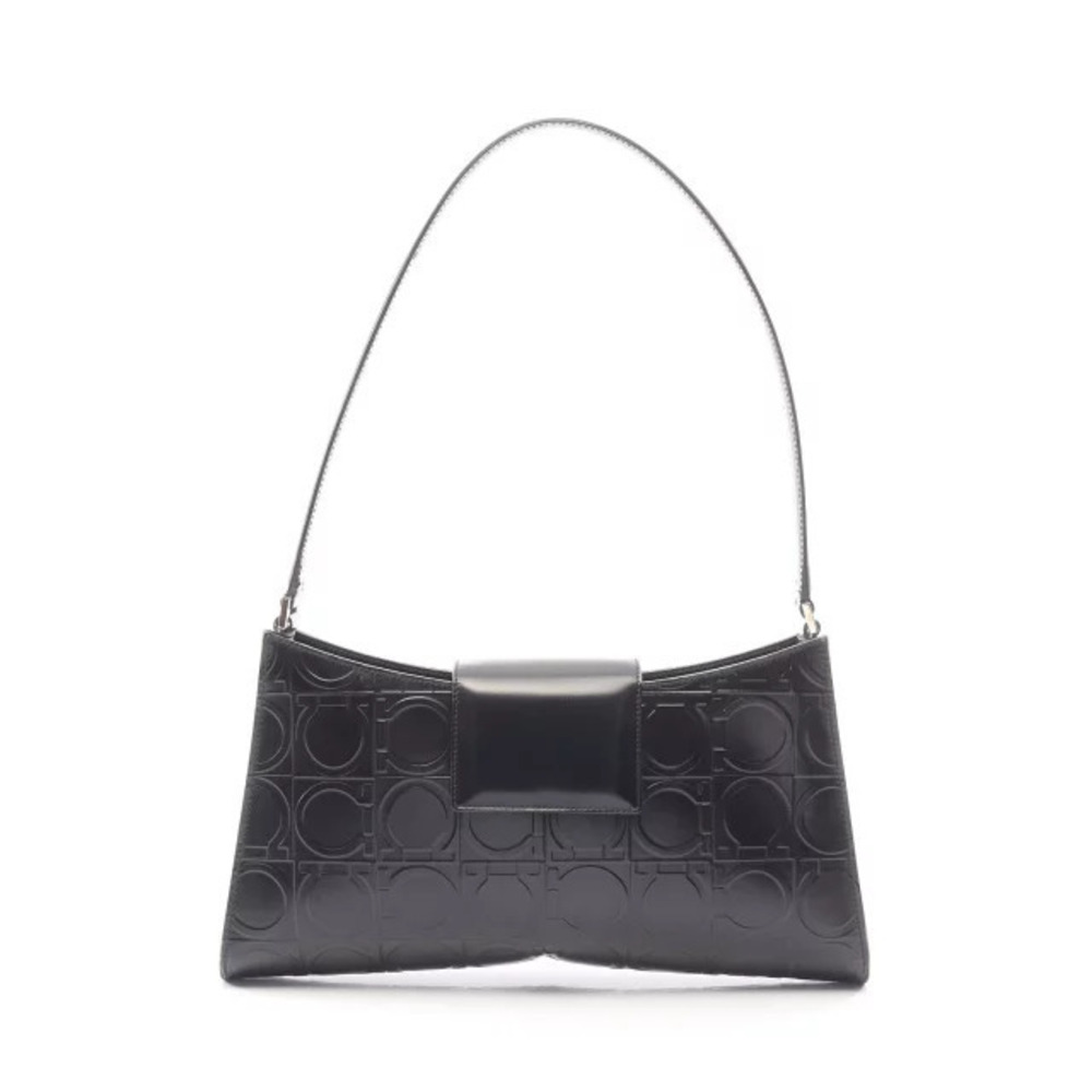 Salvatore Ferragamo Gancini Embossed Shoulder Bag Leather Black